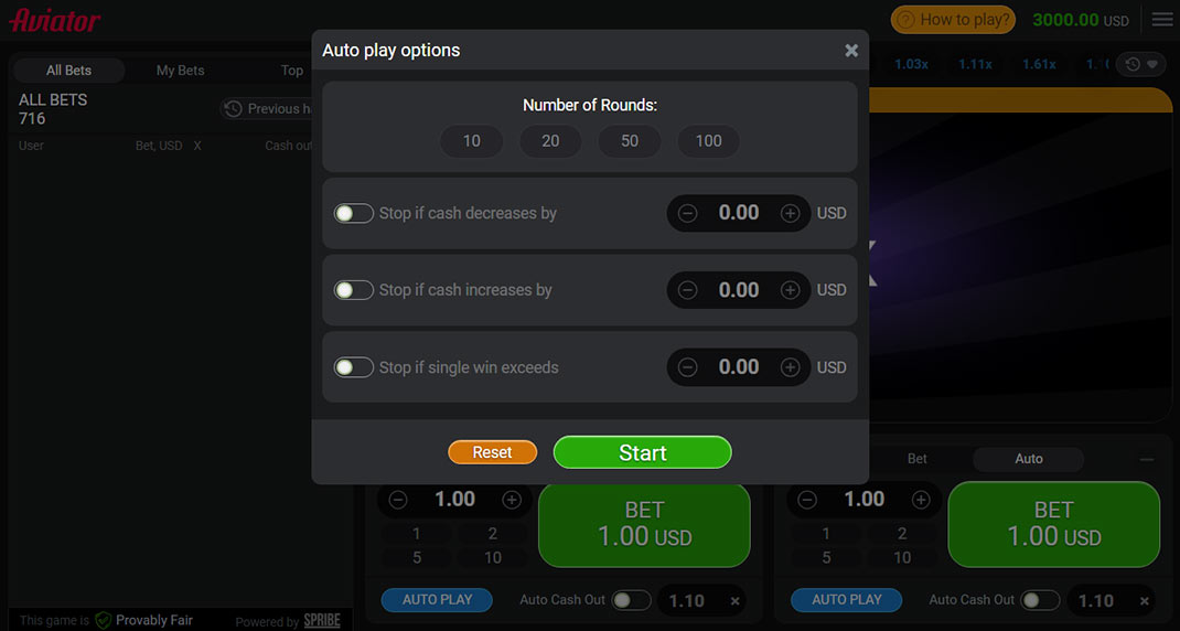 Aviator - set up automatic bets