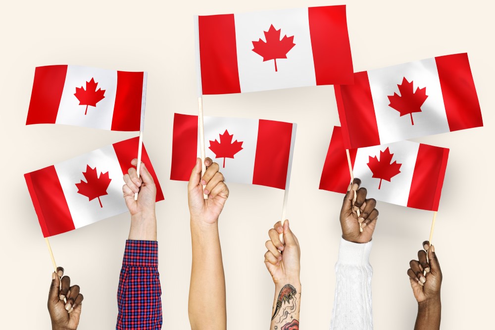 hands are waving Canadian flags