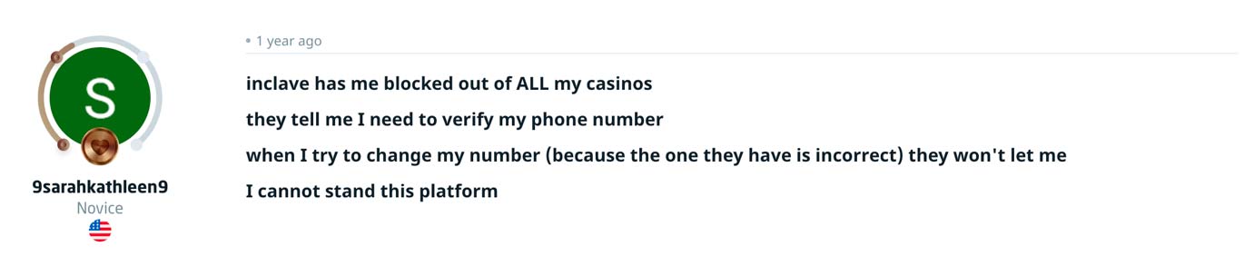 9sarahkathleen9's quote from Casino Guru on phone number issues.