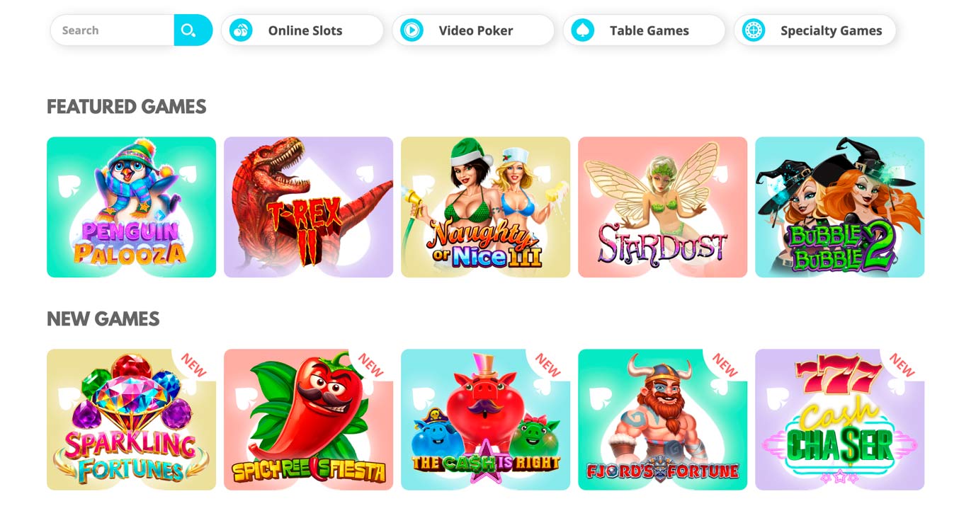 Online casino games menu with slots and poker options