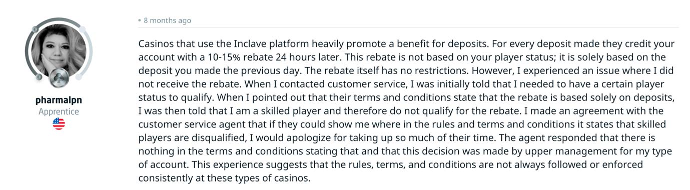 Pharmalpn’s quote from Casino Guru on denied rebates